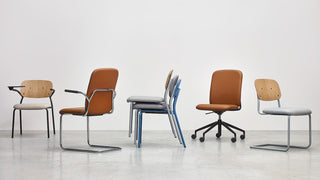 Famille Bejot Hens avec chaise luge, chaises empilées, chaise pivotante et chaise en chêne