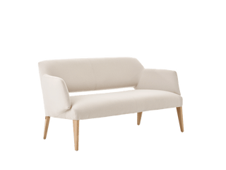 Canapé Mobitec Lena R0625 en tissu écru, pieds en bois, vue de trois quarts