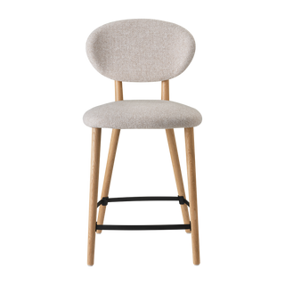 Tabouret de bar Mobitec Toro C0910 en tissu gris clair, structure en chêne, repose-pieds noir, vue de face