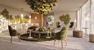 Photo d'ambiance d'un arbre acoustique BLOOM au-dessus d'un lounge dans un open space