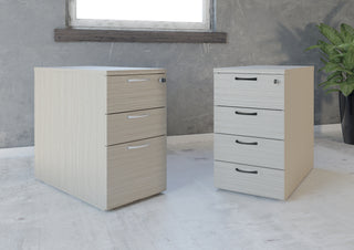 Buronomic Comfort desk-height pedestals with three and four drawers in wire oak and white