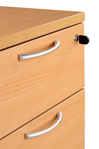 Caisson hauteur bureau Buronomic Comfort en hêtre, détail de la poignée et de la serrure