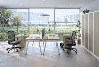 Photo d'ambiance de caissons hauteur bureau Buronomic Comfort blanc et wire oak près d'une façade vitrée