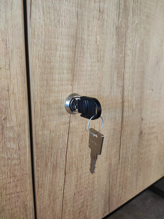 Buronomic Locker Eko deur in houtdecor, detail van het cilinderslot met sleutel