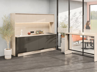 Buronomic Oasys koffiehoek van 240 cm met boog in antraciet en wire oak