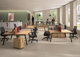 Lifestyle image of Buronomic Optimax EVO tower pedestals in Nebraska and black in a bright office