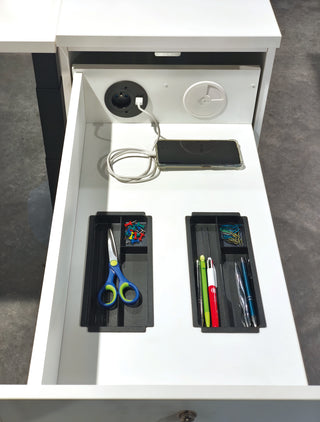 Buronomic Optimax EVO 113 cm tower open, detail of the drawer with power outlet and pen trays