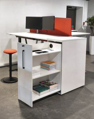 White Buronomic Optimax EVO 113 cm tower opened with shelves next to a desk