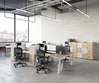 Lifestyle image of Buronomic Optimax EVO tower pedestals in white and Nebraska in an industrial office
