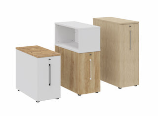Buronomic Optimax EVO tower pedestals in three heights of 72, 110 and 113 cm, with and without top box