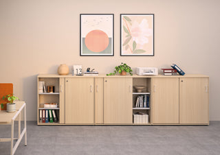 Buronomic Quietude 104 cm sliding door cabinets in wire oak with white design handle and open shelves