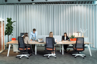 Team aan een houten König + Neurath CONNECT.BENCH met oranje schermen voor lichtblauwe gordijnen