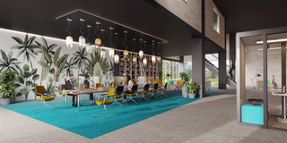 Photo d'ambiance d'une salle de conférence König + Neurath avec longue table, plantes et tapis turquoise