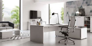 Wit Frezza Asset bureau met aanbouw, zwarte mesh stoel en lamp naast een lounge