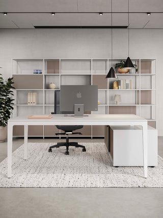 Wit Frezza Alplus bureau met monitor en zwarte stoel voor een wandkast, vooraanzicht