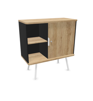 Rangement bas Buronomic Alto à porte coulissante et niche, noir et wire oak, vue de trois quarts