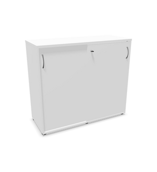 Buronomic Quietude sliding door cabinet in white, front three-quarter view